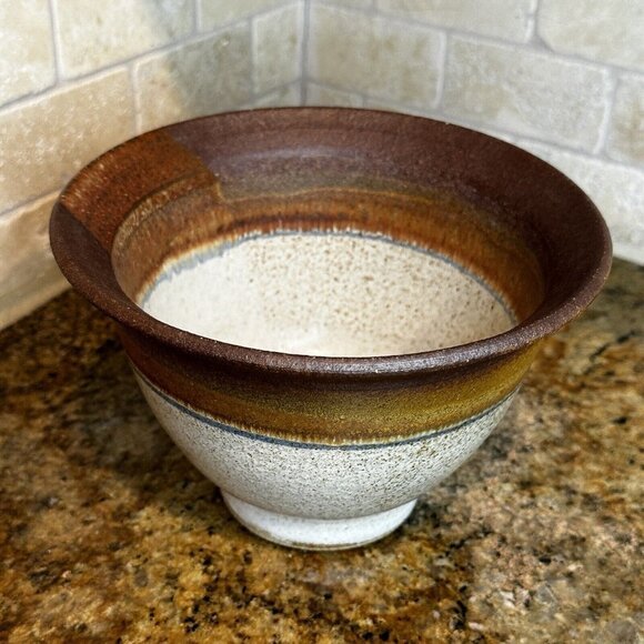 Michael Obranovich Stoneware Pottery Bowl Earthtones Spotted Signed 7.5" X 5.2" - Picture 2 of 12
